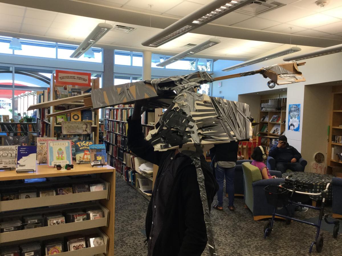Dragon made of cardboard and duct tape in Maker Space