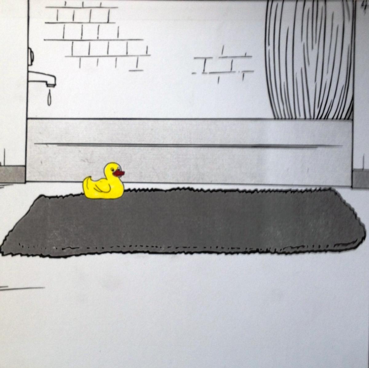 Black and white drawing with yellow duck