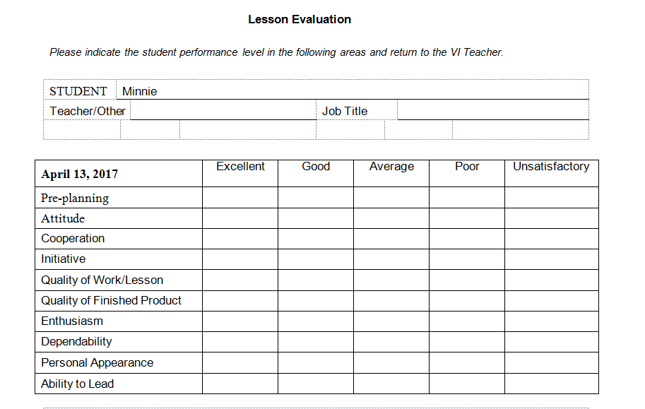 an evaluation form for the lesson