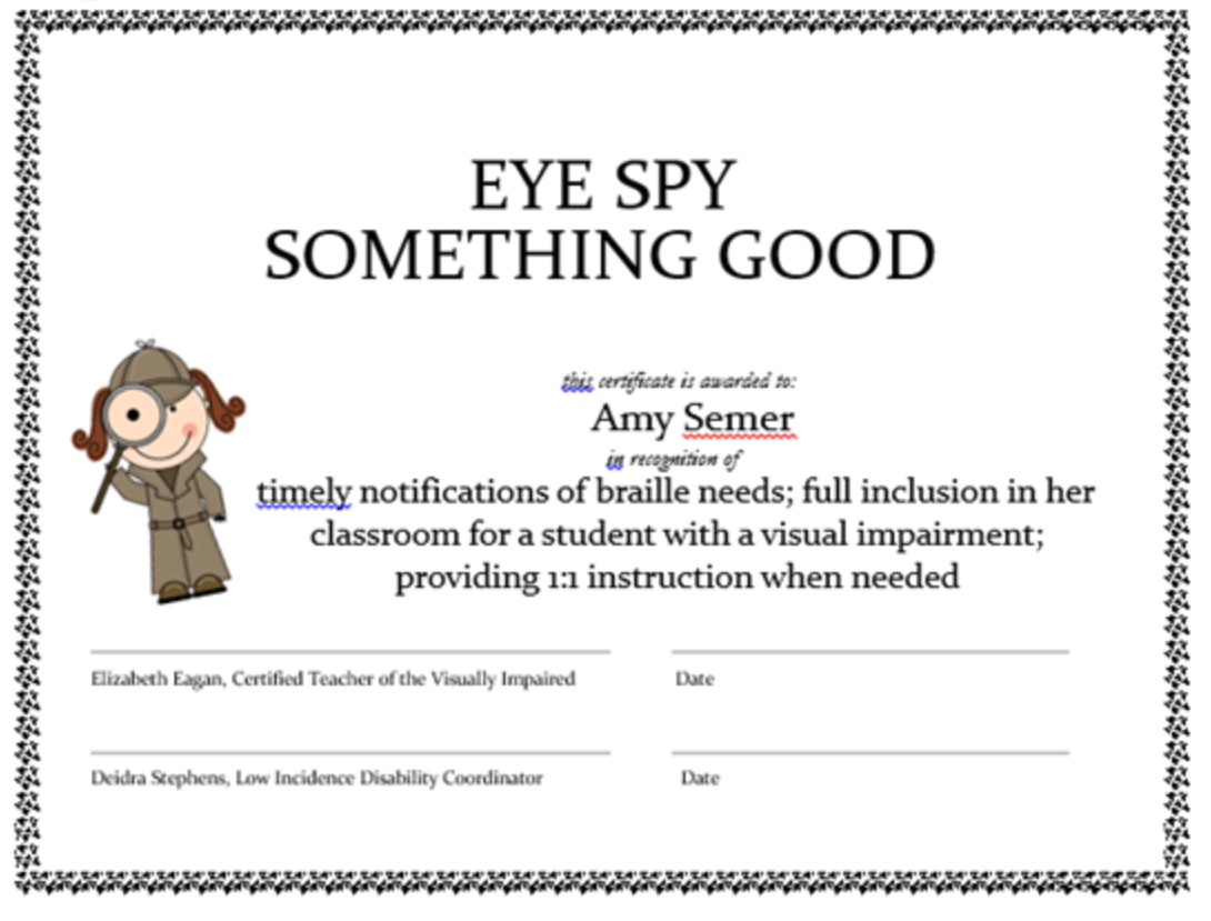 Sample Eye Spy certificate