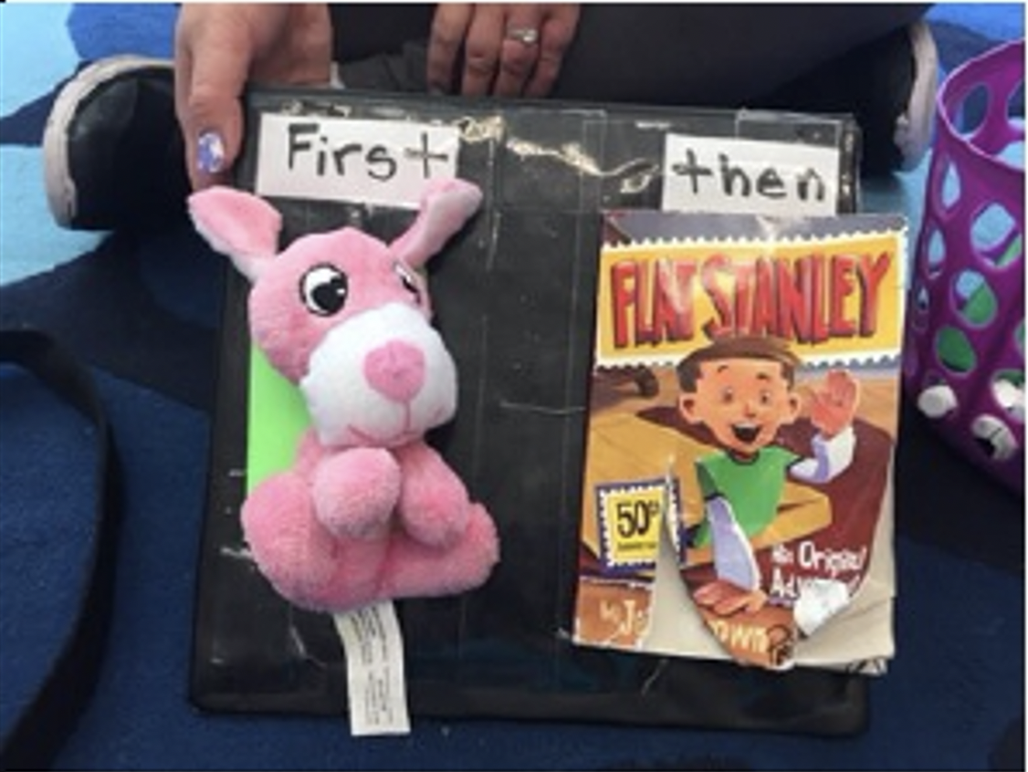 First / Then schedule with pink stuffed animal and Flat Stanley book