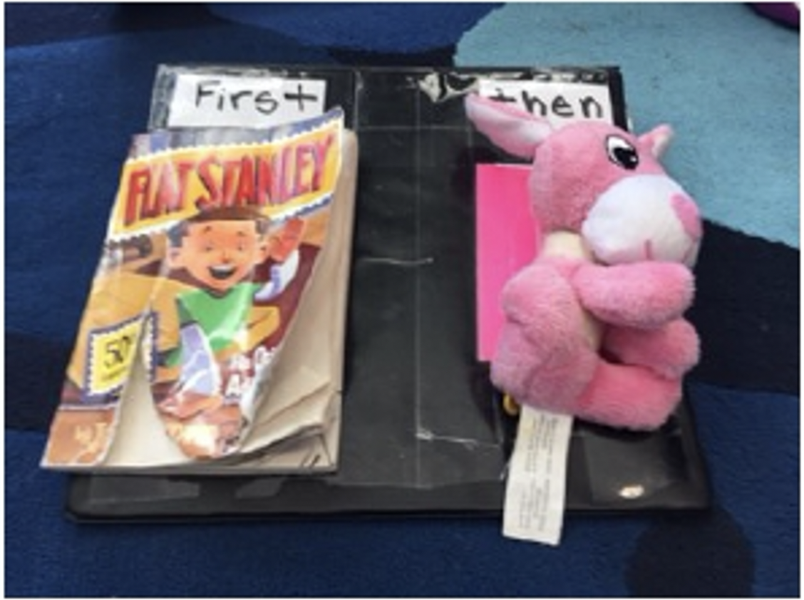 First / Then schedule with Flat Stanley book and pink stuffed animal