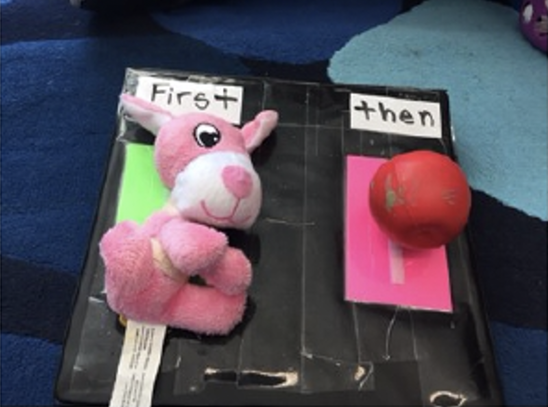 First / Then schedule with pink stuffed animal and red ball