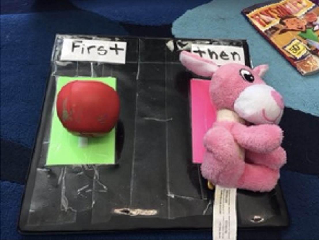 First / Then schedule with red ball and pink stuffed animal