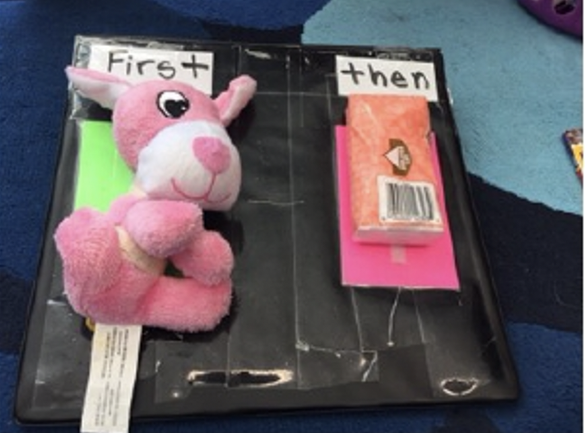First / Then schedule with pink stuffed animal and tissues