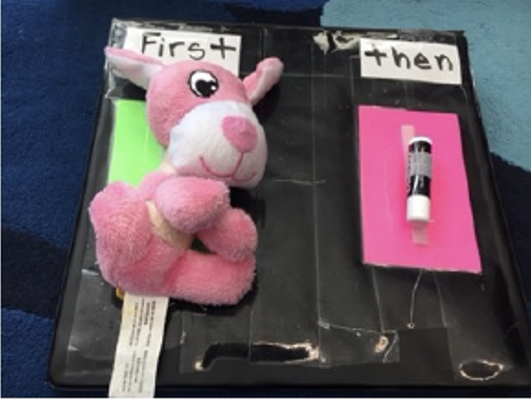 First/Then schedule with stuffed animal and chapstick First / Then schedule with pink stuffed animal and chapstick