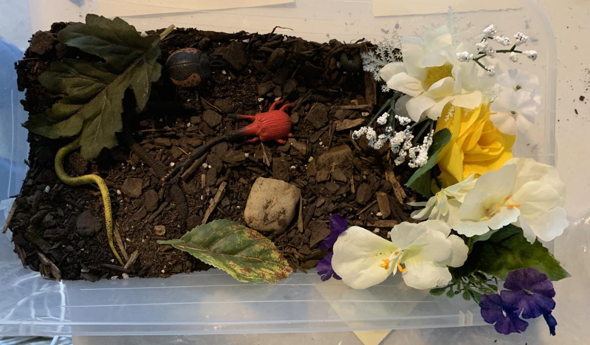 Plastic tub with dirt and garden items, such as flowers, bugs, worms, etc.