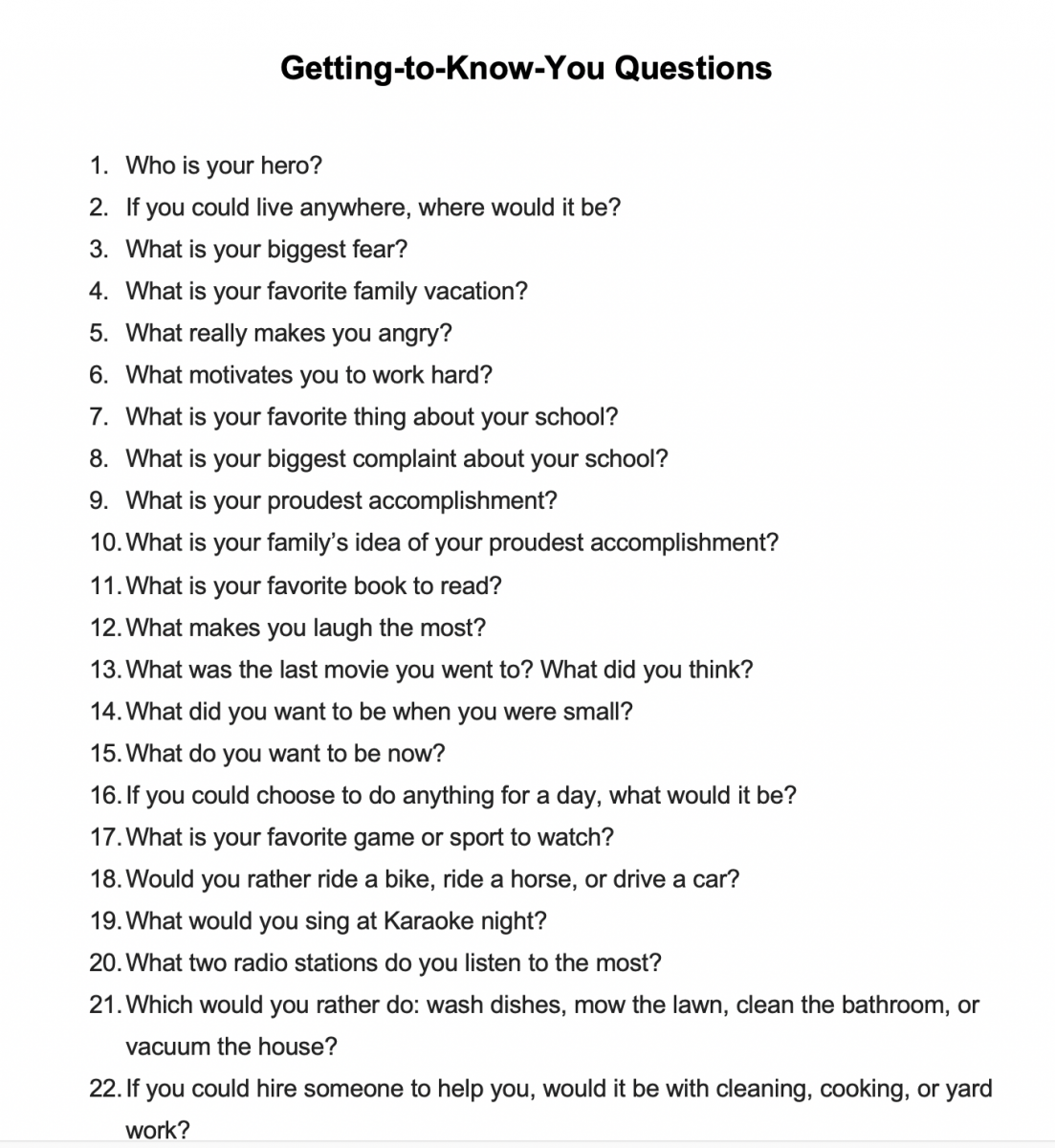 List of Getting to Know You questions