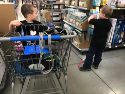 Younger boy in shopping cart watching older boy get items from the shelves.