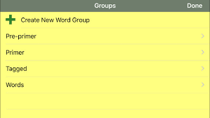 Groups: Create new word group; Pre-Primer, Primer; Tagged; Words Groups of words