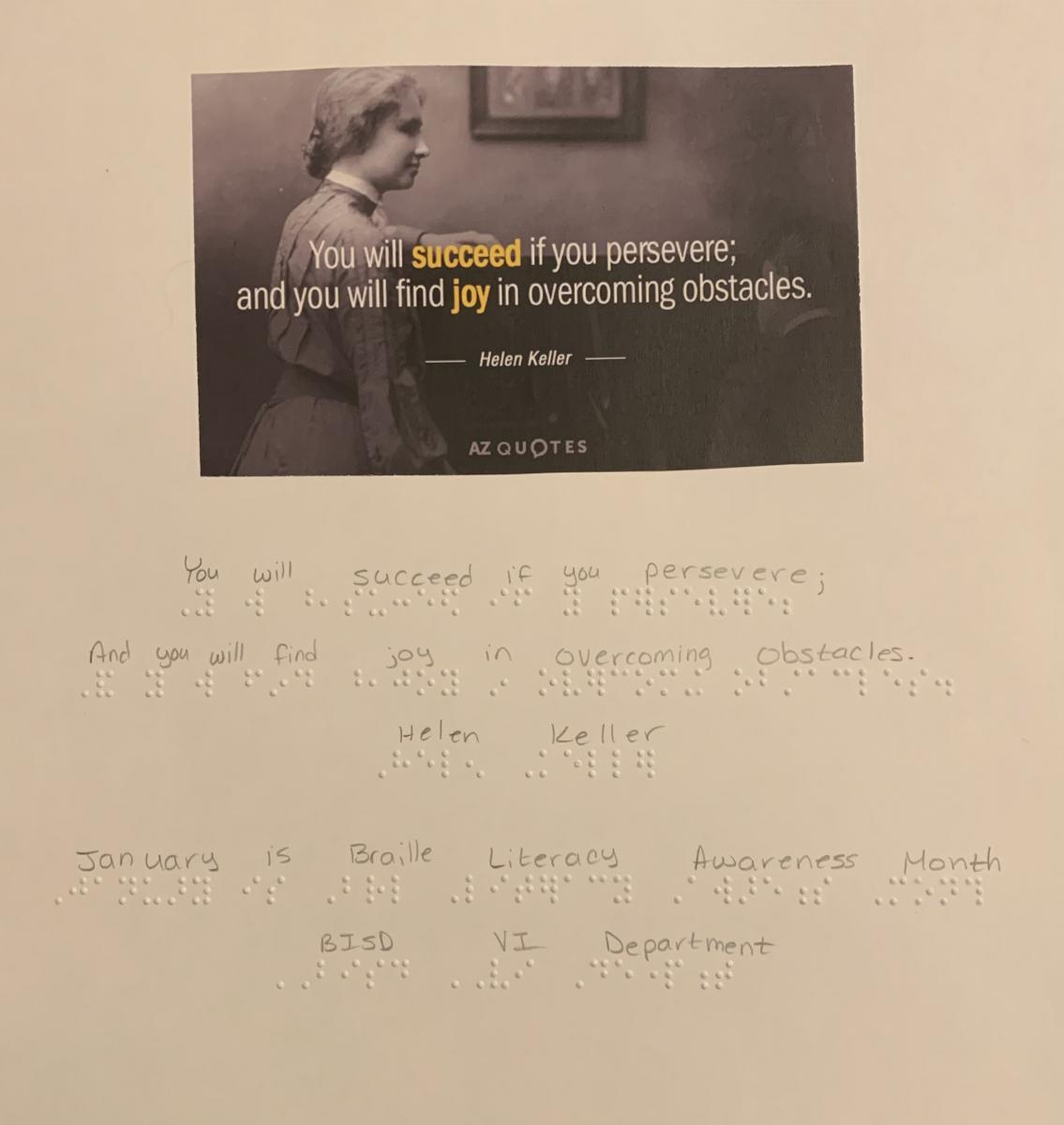 Photo of Helen Keller with quote in print and braille