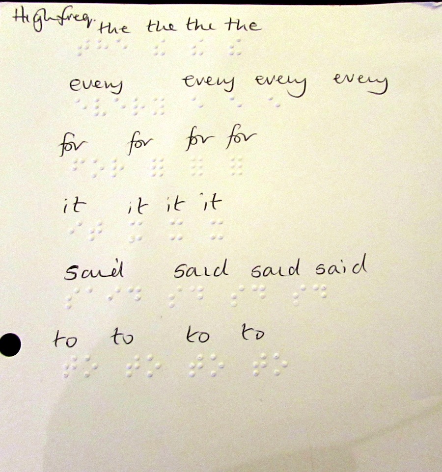 high frequency words: the, every, for, it, said, to handwritten and in braille