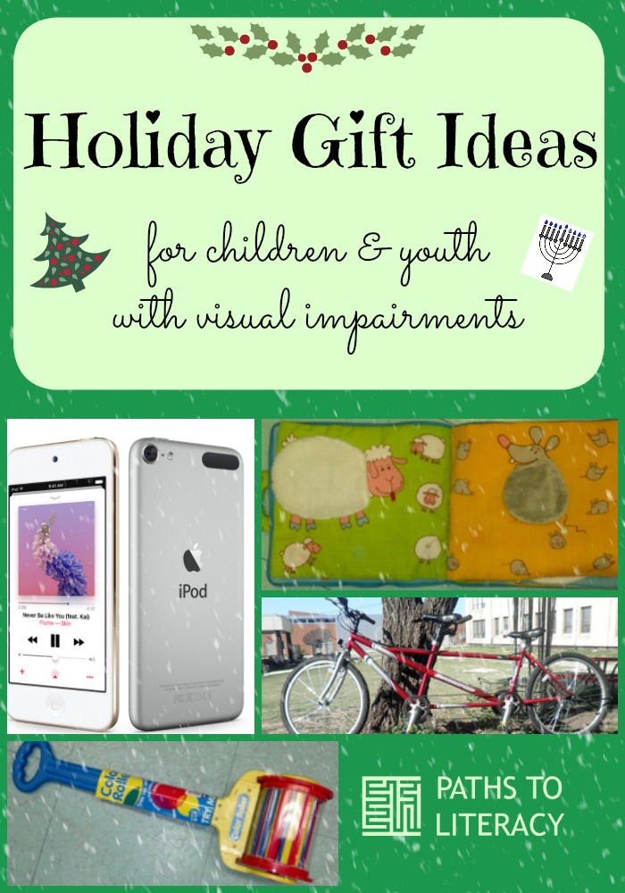 Collage of holiday gifts for children who are blind or visually impaired