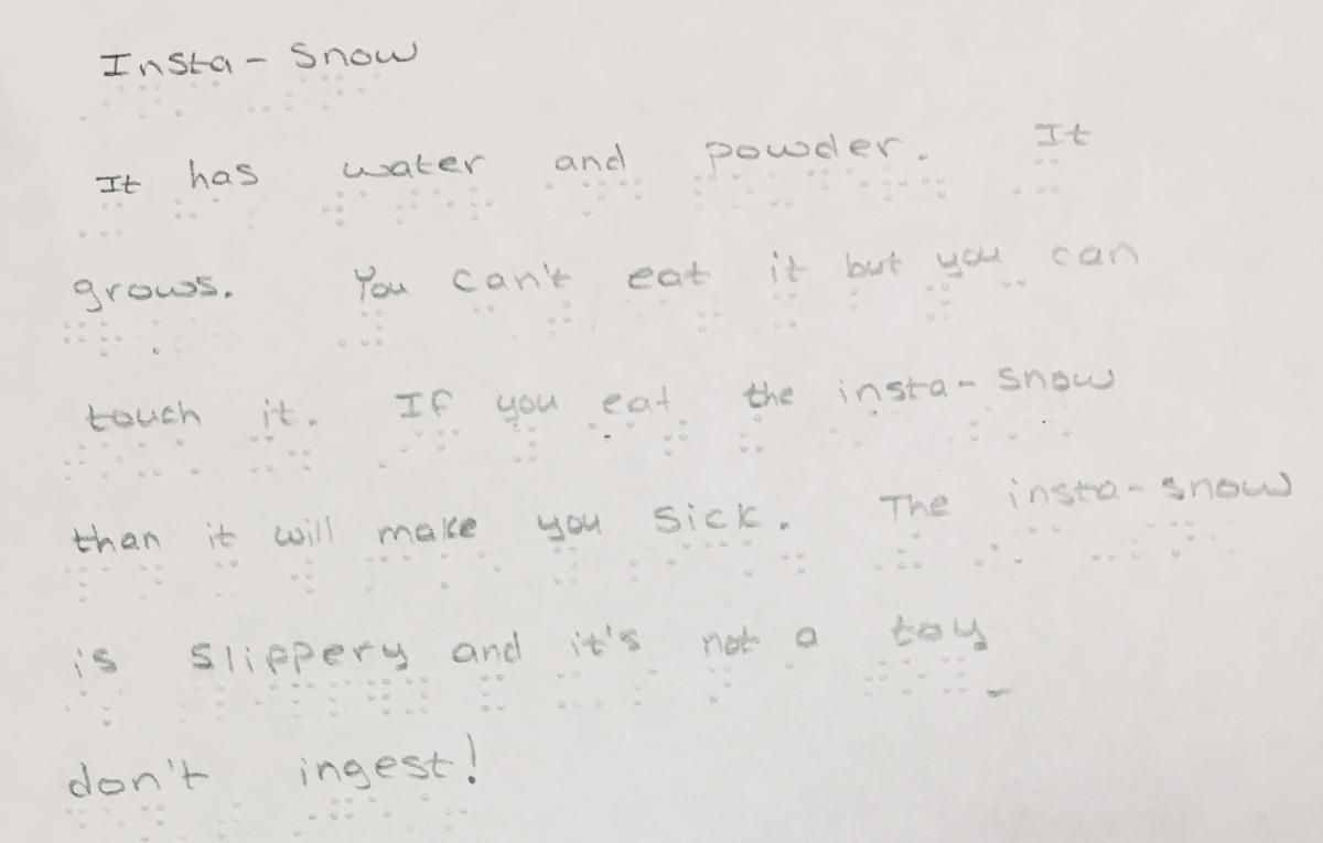 Insta-snow braille writing sample