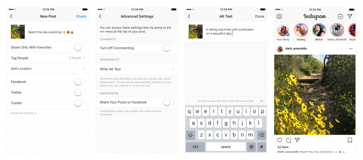 4 Screenshots of how to add alt text to Instagram posts