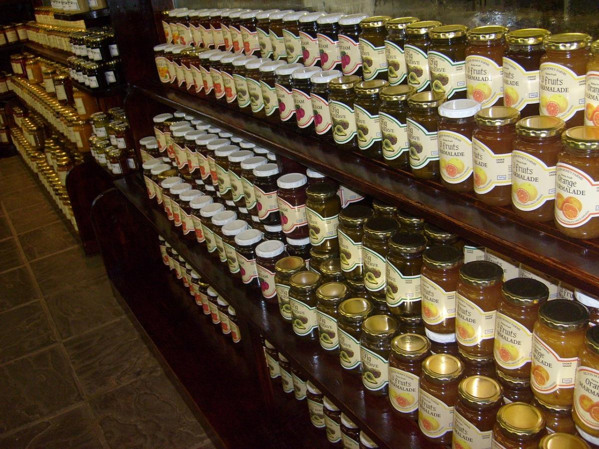 Jars of jam on a shelf