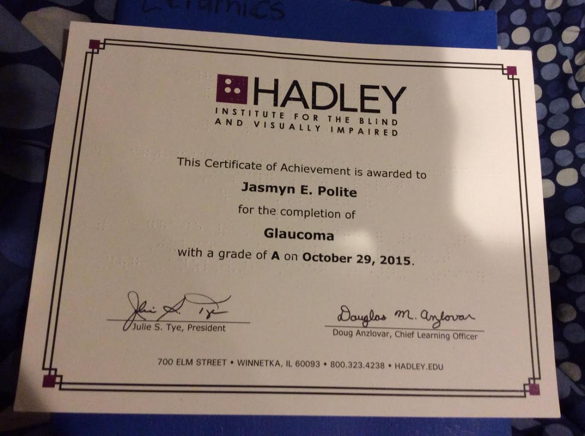 Certificate from Hadley