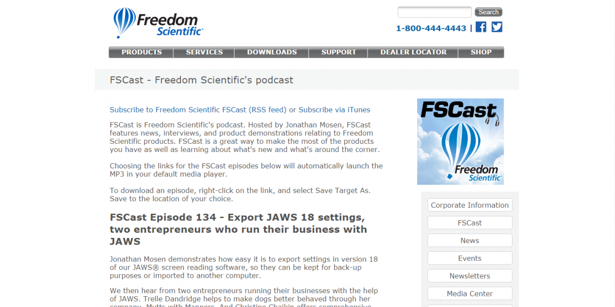 screenshot of Freedom Scientific's podcast website