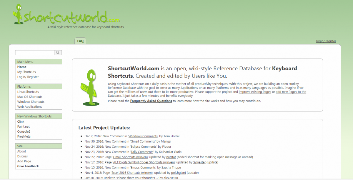 screen shot of Shortcut World website