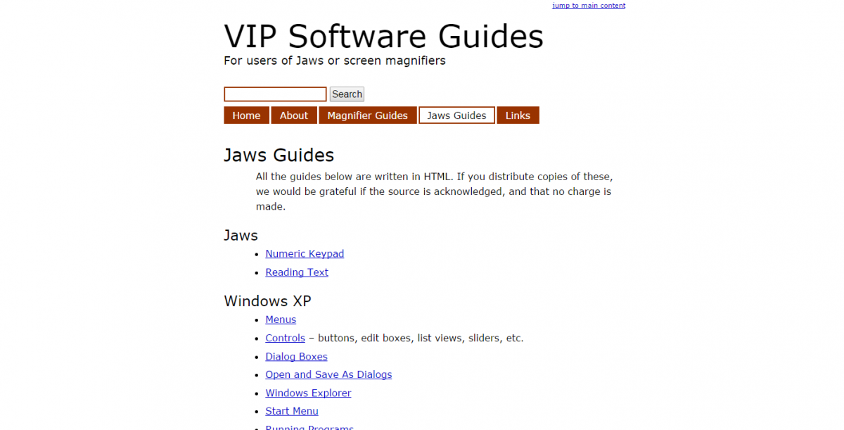 screenshot of the VIP software guides website