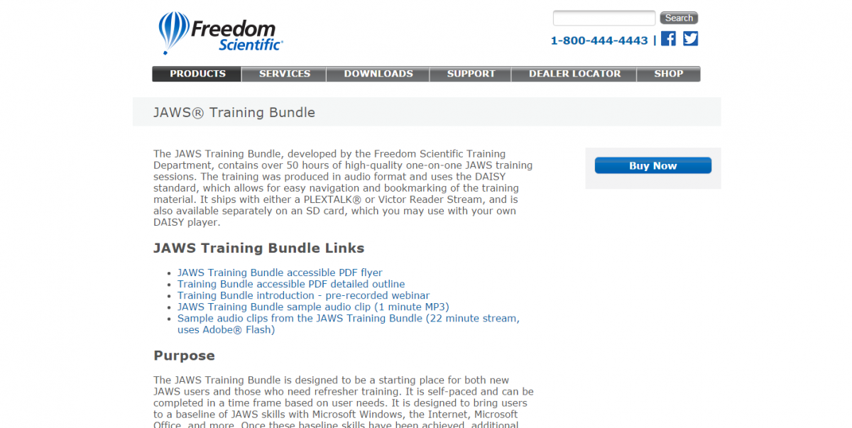 screenshot of Freedom Scientific training bundle website