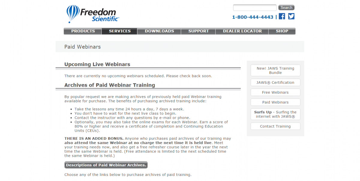 screenshot of Freedom Scientific webinars website