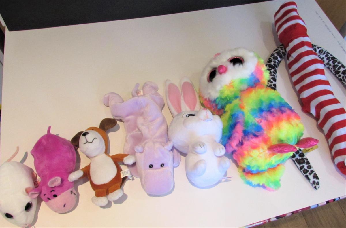 stuffed toys lined up from small to large, left to right