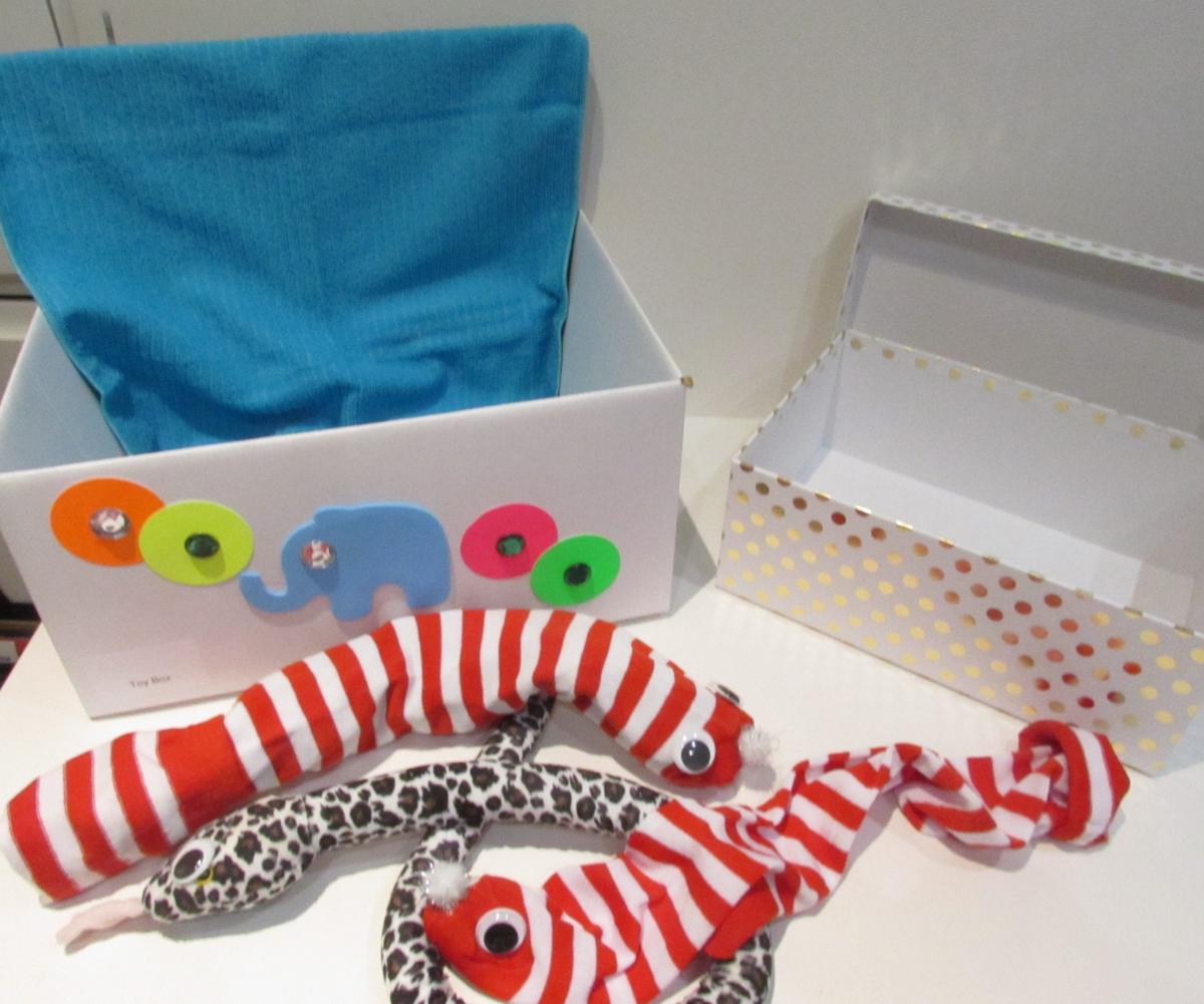 three snake toys in front of two boxes
