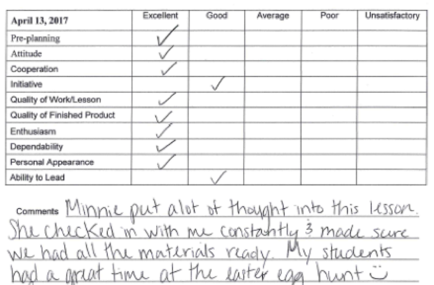 Completed lesson plan evaluations