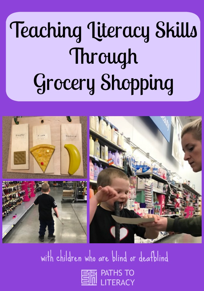 Collage of teaching literacy skills through grocery shopping