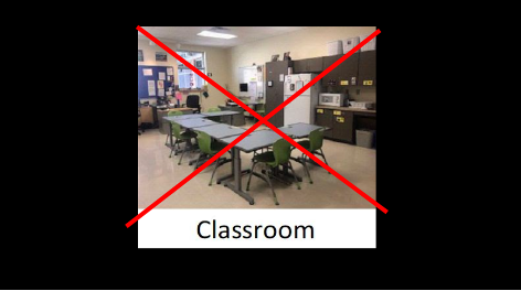 Photo of classroom crossed out