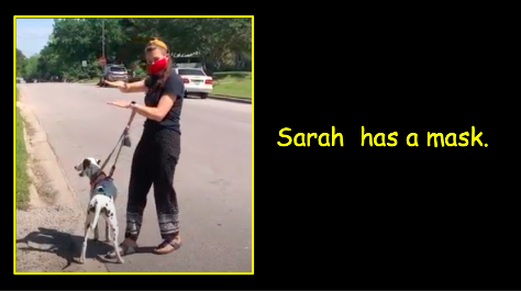 women with mask walking her dog