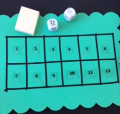 a chart with two rows and 6 columns, each square has a number 1 through 12 in it. There are two dice at the top of the board.