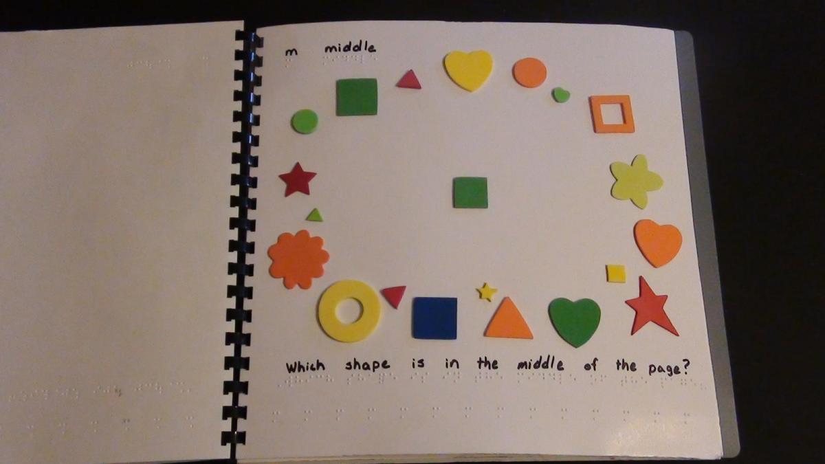 Multiple shapes of various sizes and colors are adhered around the page forming a big circle. In the middle of the circle, is a foam square.