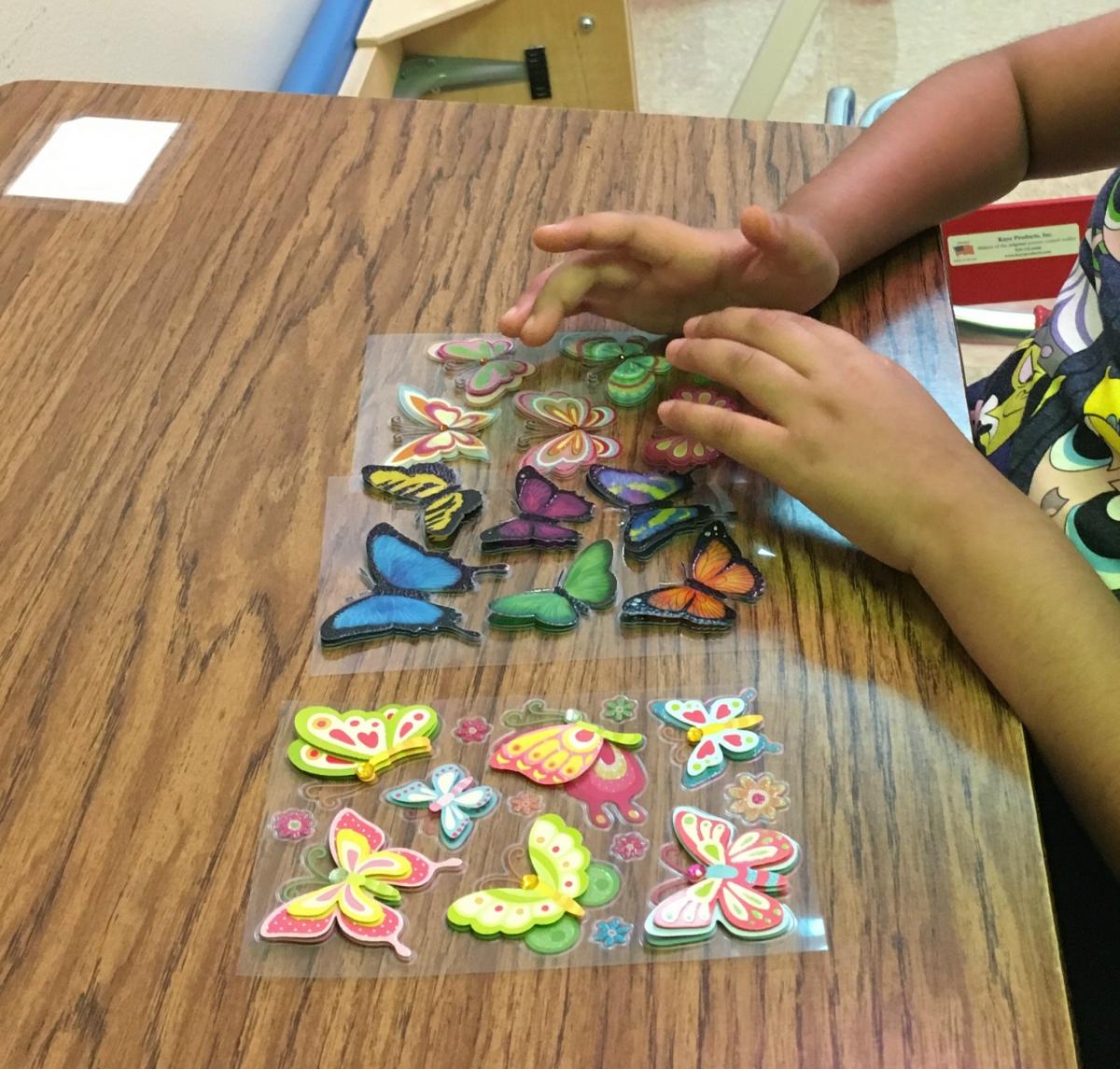 student's hands exploring the butterfly stickers
