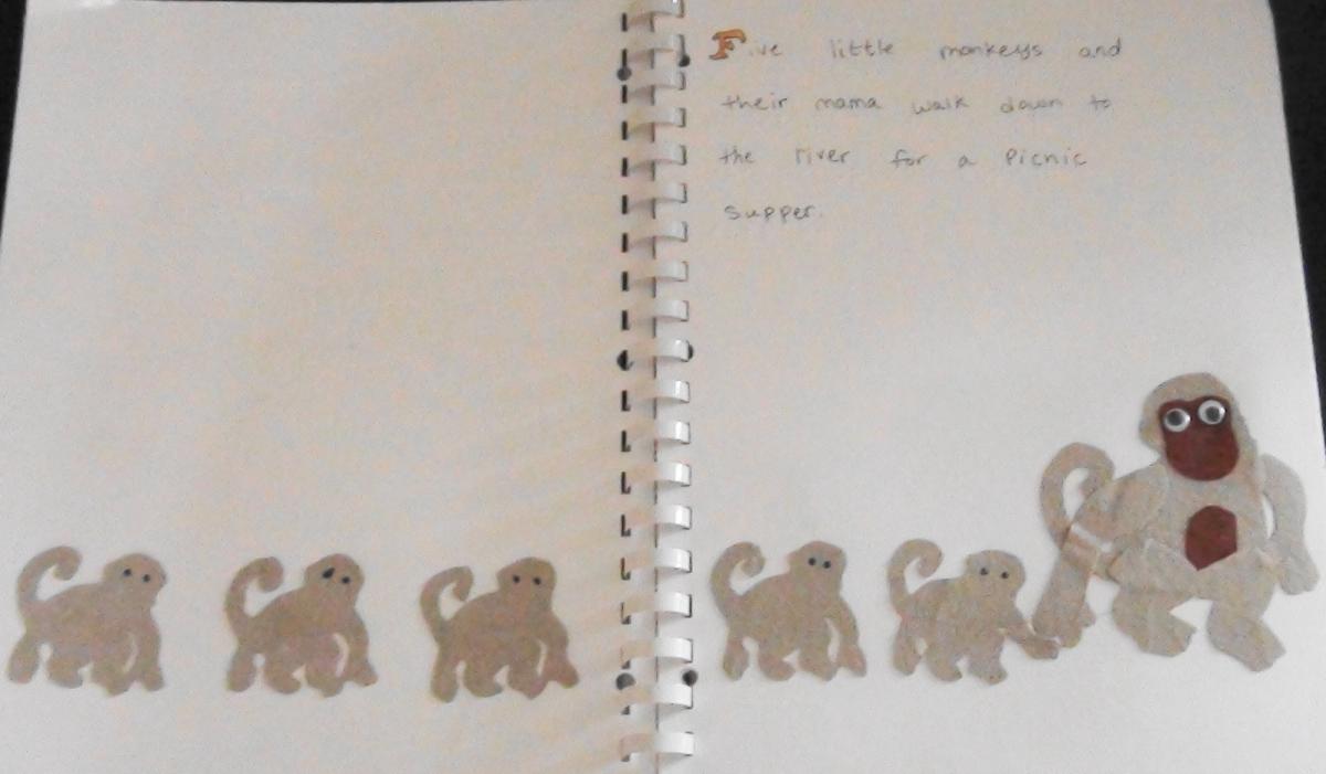 Five little monkeys follow their mother.