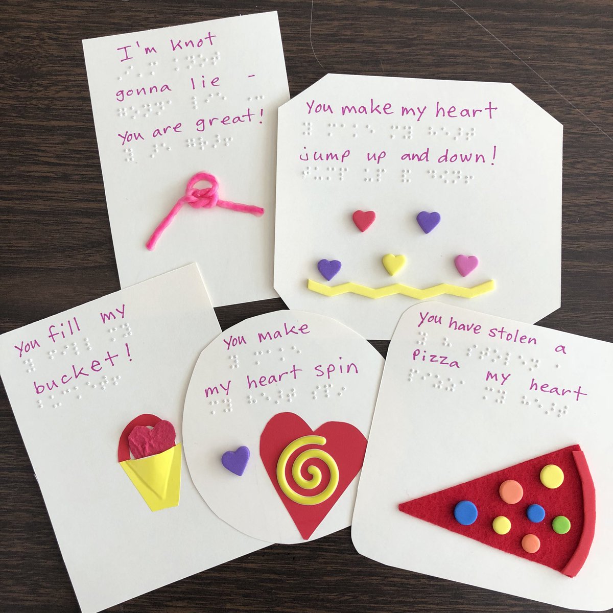 Click to enlarge the tactile Valentines. Braille Valentines with tactile decorations