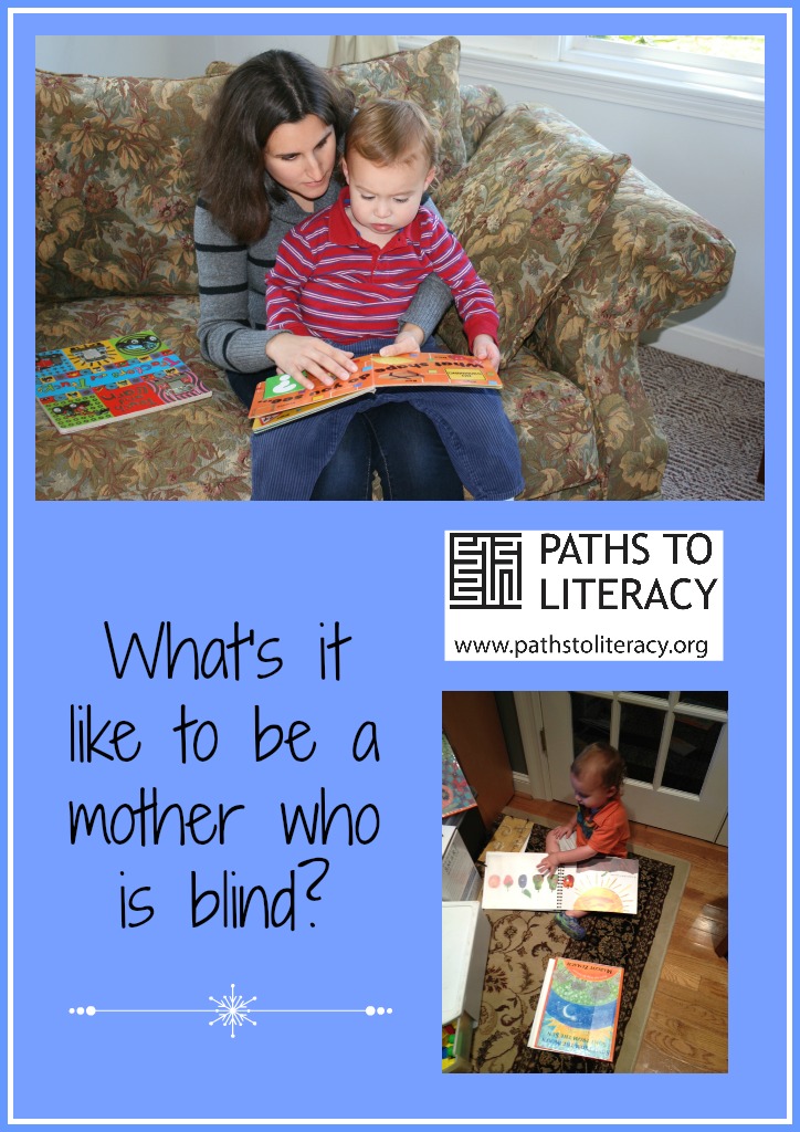 collage of mother who is blind reading book with sighted child