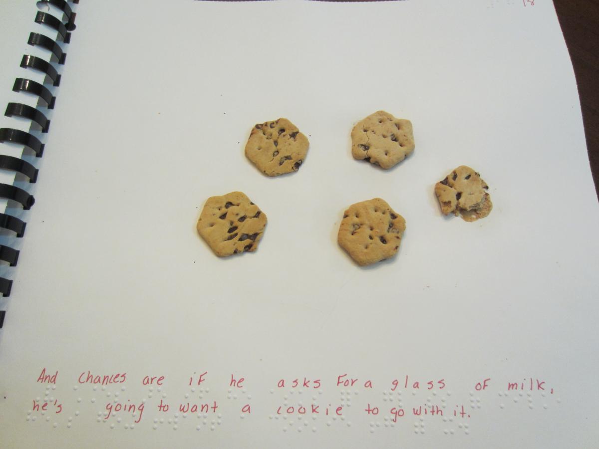 five cookies on a piece of paper with text