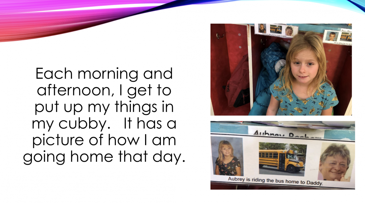 Each morning and afternoon, I get to put up my things in my cubby. It has a picture of how I am going home that day.