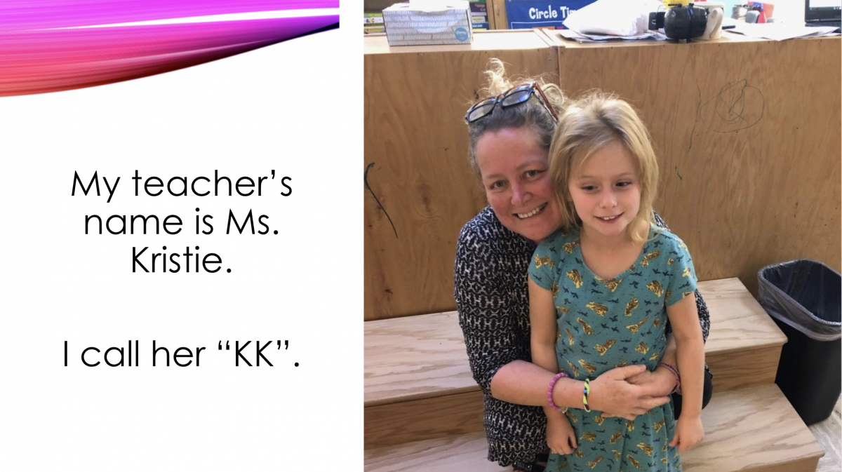 My teacher's name is Ms. Kristie. I call her My teacher's name is Ms. Kristie. I call her "KK".