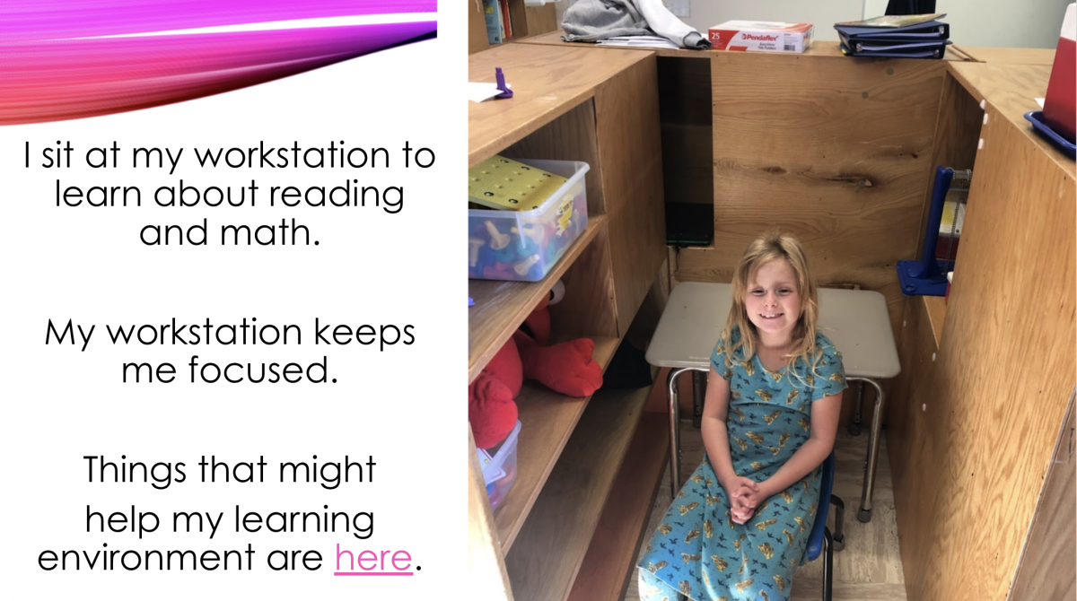 I sit at my workstation to learn about reading and math. My workstation keeps me focused. Things that might help my learning environment are here. (Click)

