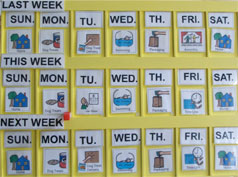 Calendar with Mayer-Johnson pictures shows last week, this week, next week