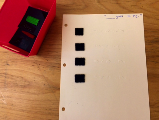 This patterned braille worksheet might read, “Megan goes to PE. Bryan goes to PE. Jose goes to PE. Shauna goes to PE.” Patterned braille worksheets