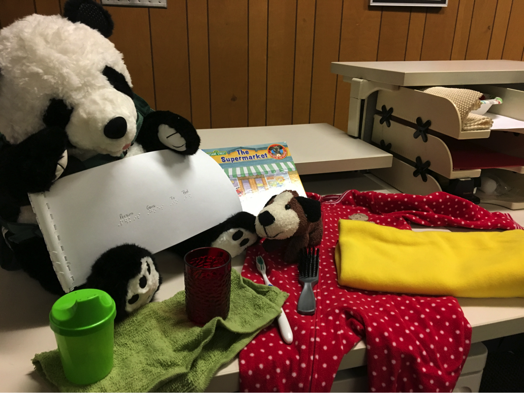 Perkins with cup, toothbrush, pajamas, blanket, brush, towel, stuffed animal, storybook.