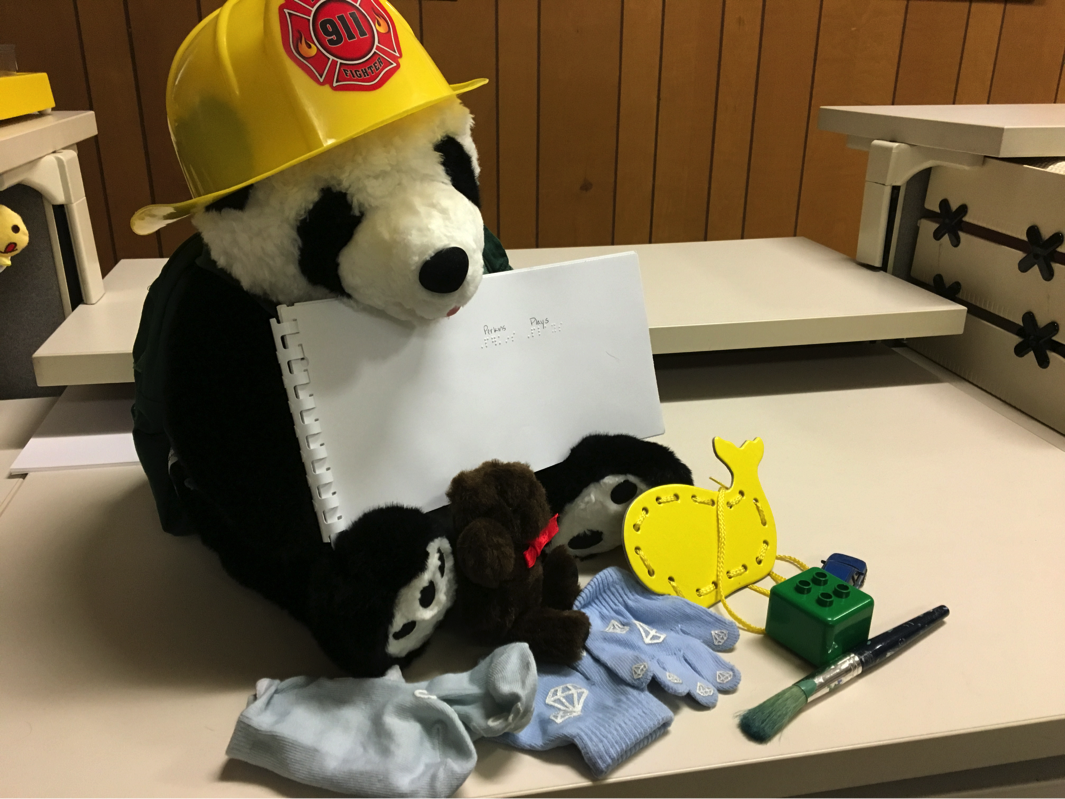 Perkins plays with various toys. Picture: Perkins with fireman hat, socks and mittens, stuffed bear, lego, paintbrush, lacing card. Perkins with fireman hat, socks and mittens, stuffed bear, lego, paintbrush, lacing card.