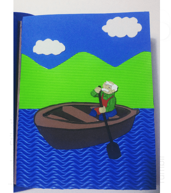 an old man in a boat made out of different textured papers