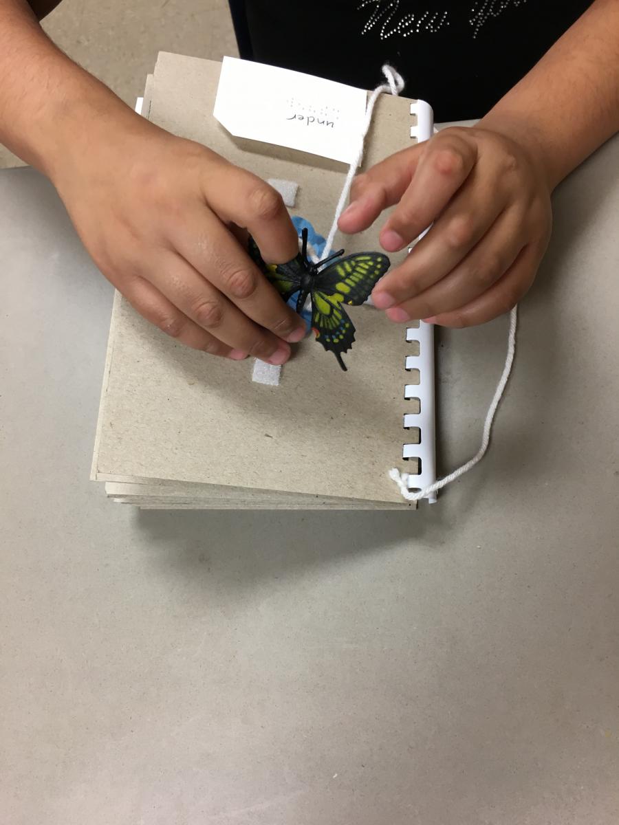 Student placing butterfly on string on the page