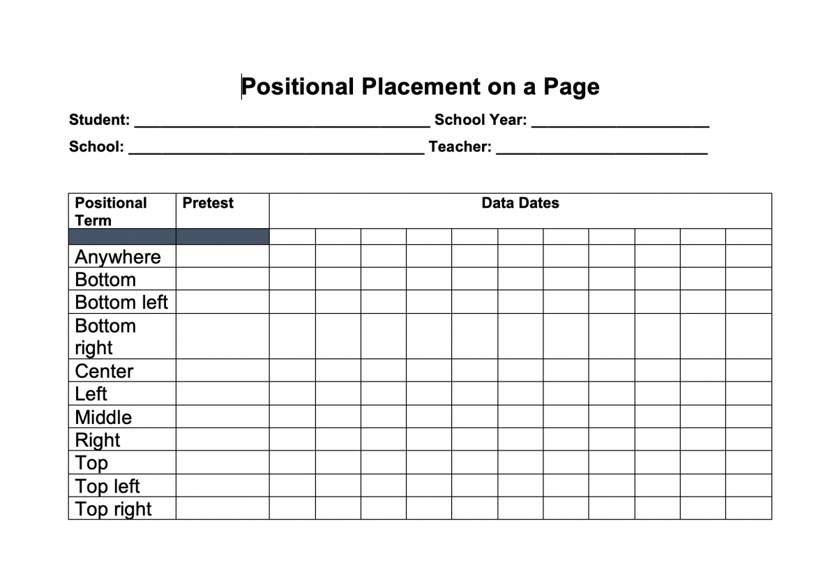 Data tracking sheet of positional placement on a page.