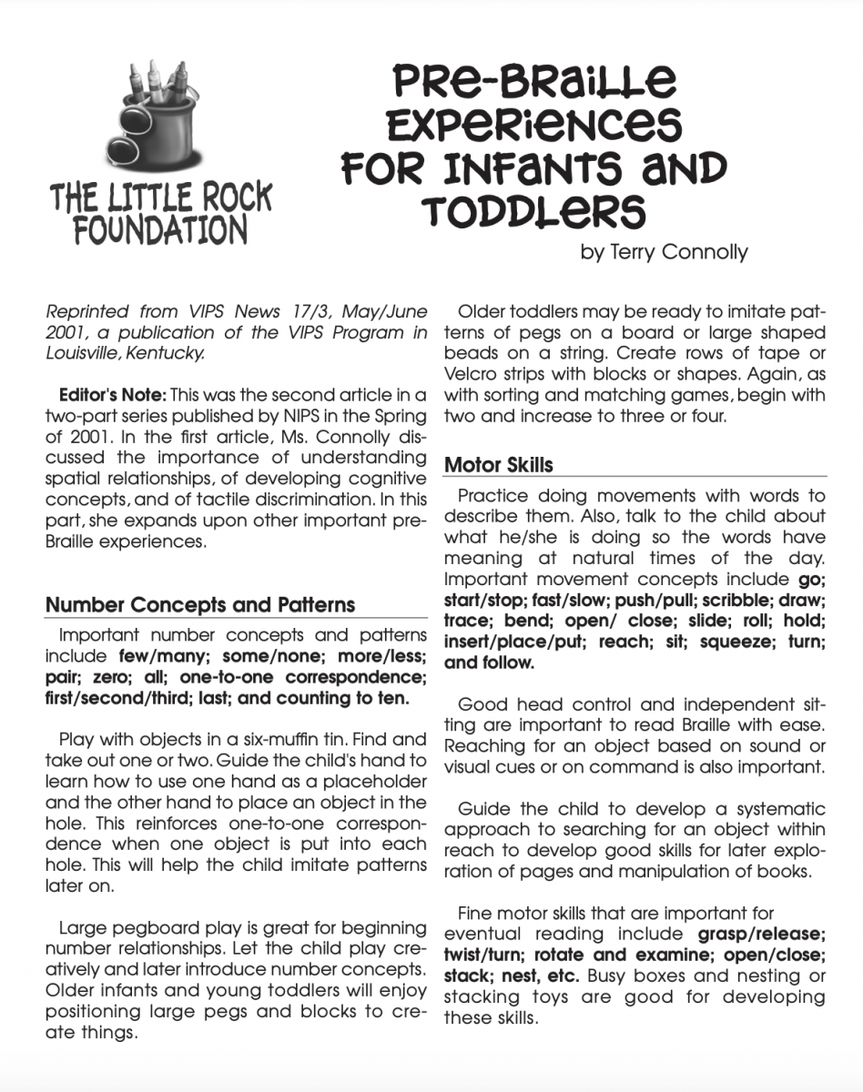 Brochure on Pre-Braille Experiences for Infants and Toddlers